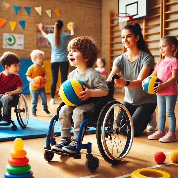 illustration of child playing basketball in wheelchair