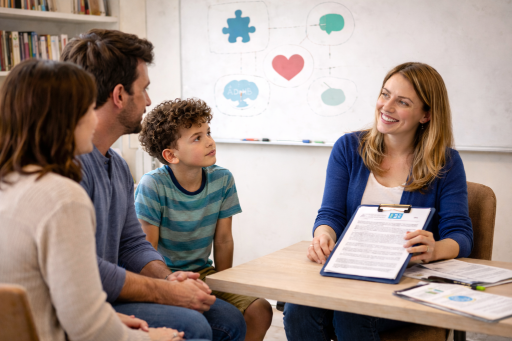 Parents and child meeting with a teacher to discuss the child’s education plan