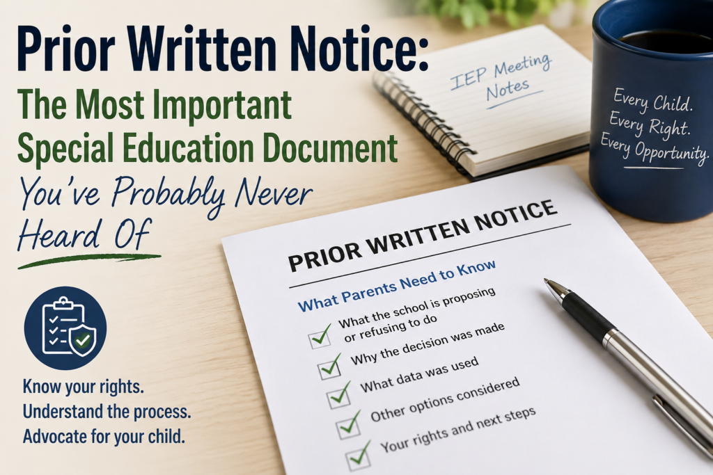 Prior Written Notice (PWN) document illustrating parent rights under the Individuals with Disabilities Education Act (IDEA) during the IEP process.