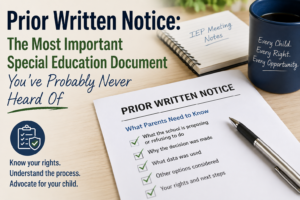 Prior Written Notice (PWN) document illustrating parent rights under the Individuals with Disabilities Education Act (IDEA) during the IEP process.